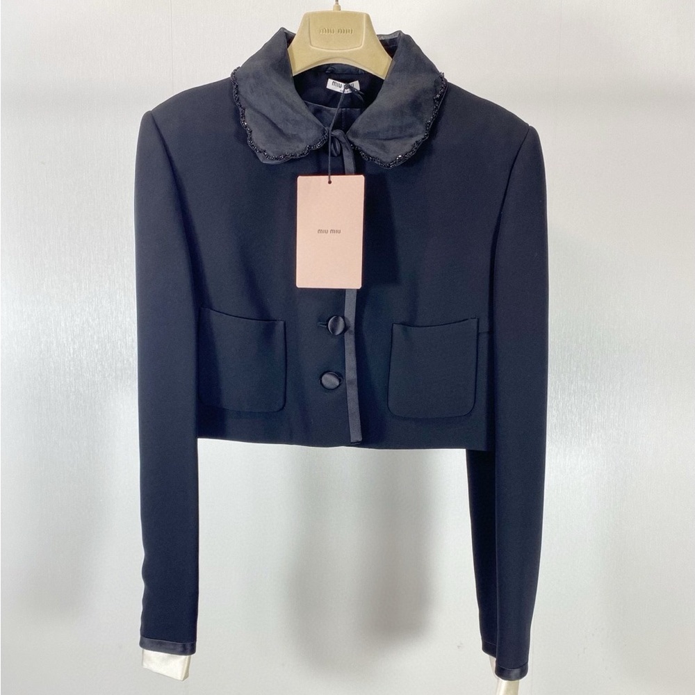 Authentic Miu Miu Black Cropped Blazer with Scalloped Collar